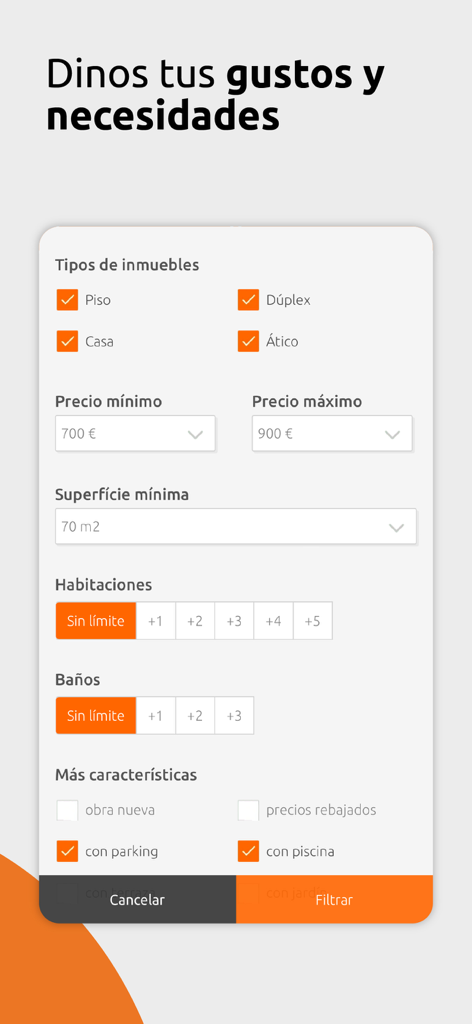 Habitaclia Portal Inmobiliario - Interface de l'application Habitaclia montrant les filtres de recherche de propriétés pour le prix, la taille et les équipements.