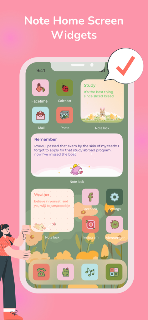 Pantalla de inicio estética de iPhone con widgets de notas coloridas y personalizadas de la aplicación Color Note