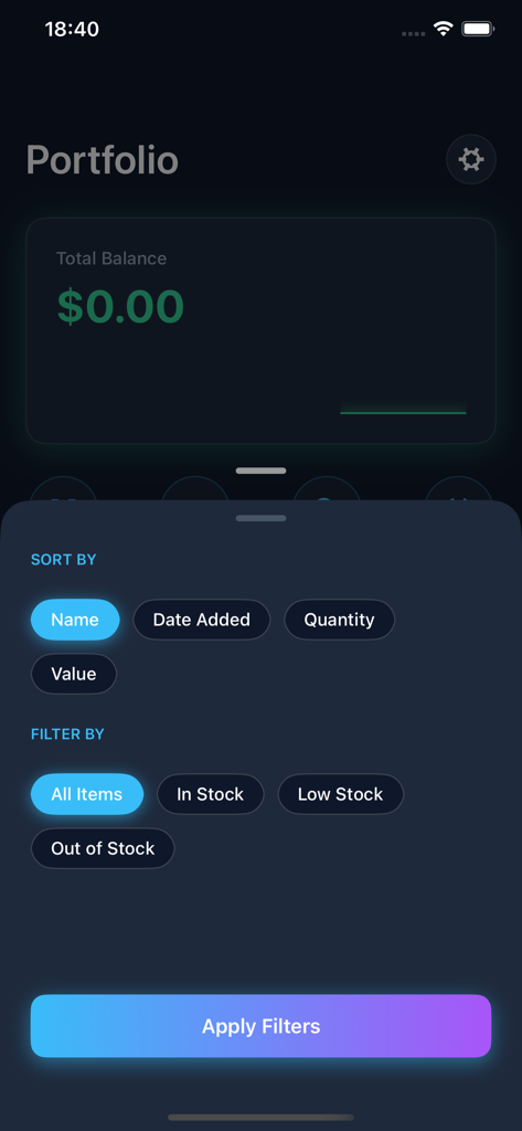 Barcode Simple Inventory App-Oberfläche mit Portfolio-Bilanz sowie Artikel-Sortier- und Filteroptionen