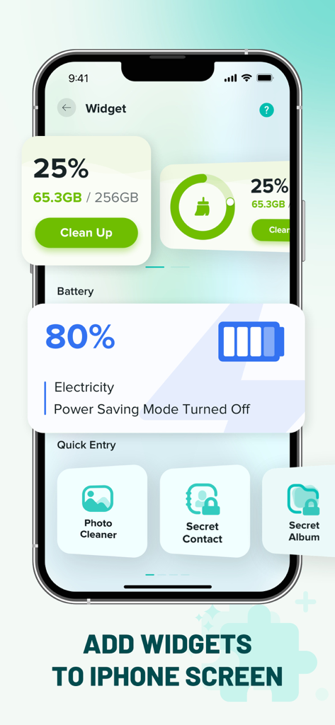 Master Cleaner - Clean Storage - Master Cleaner app interface showing storage and battery widgets on an iPhone screen