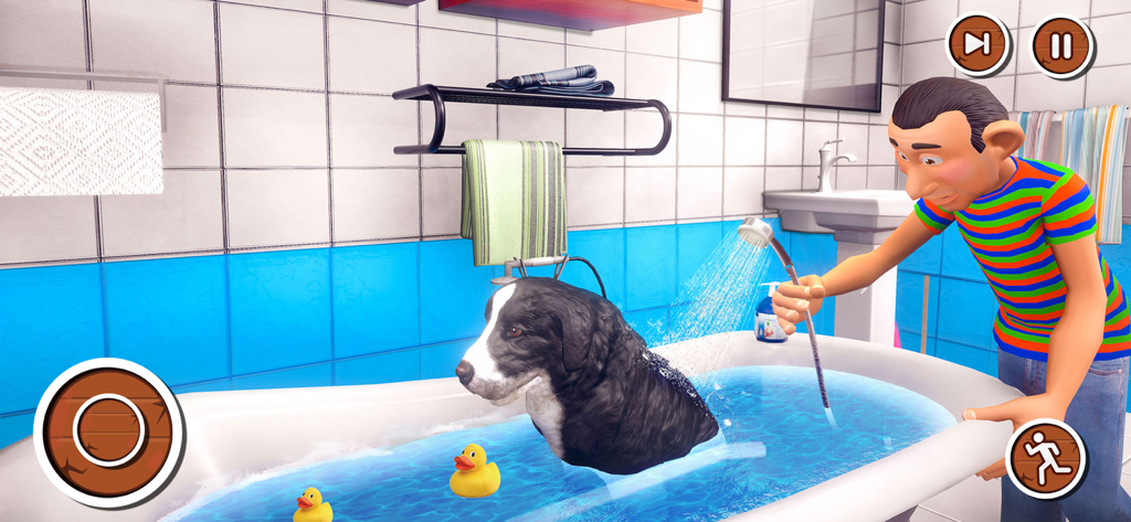 Virtual Pet-Animal Escape Game - Un personnage lavant un chien noir et blanc dans une baignoire avec des canards en caoutchouc dans une simulation de soins aux animaux