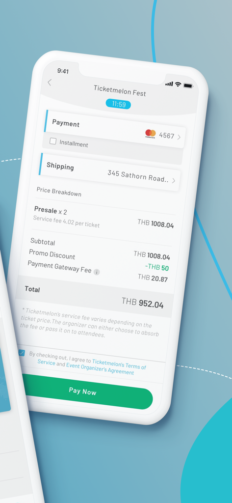 Ticketmelon - Una pantalla de pago de Ticketmelon mostrando un desglose de precios y el botón de pagar ahora.