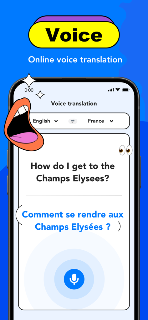 AI Chat Translator:Voice&Photo - スマートフォンアプリ画面に、英語からフランス語への音声翻訳が表示されており、「シャンゼリゼ通りへはどう行けばいいですか？」というフレーズが翻訳されています