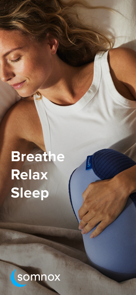 Somnox: Breathe, Relax, Sleep - A woman sleeping peacefully in bed while hugging the Somnox breathing robot