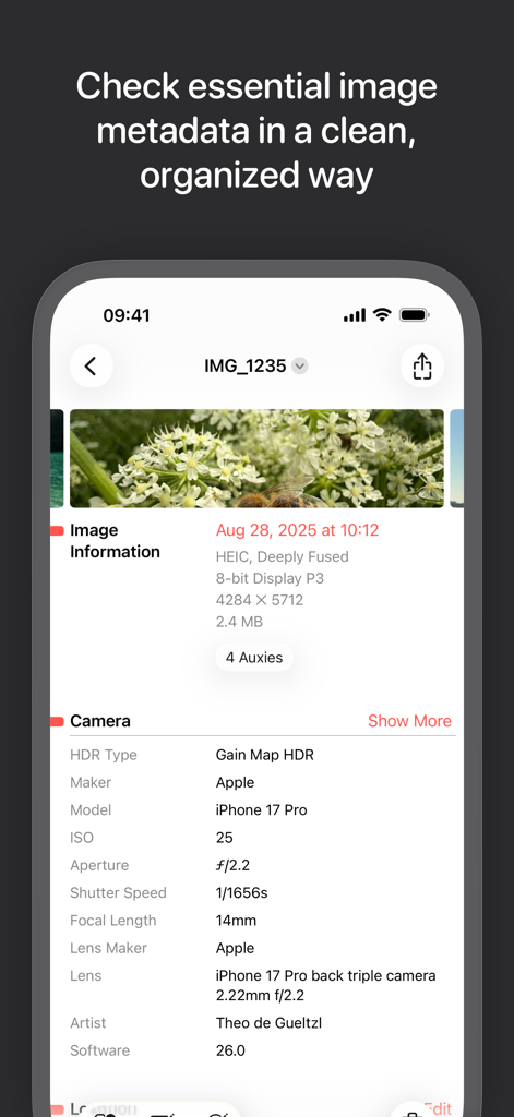 La interfaz de la app Metapho muestra datos EXIF detallados de la cámara e información técnica de imagen para una foto en iPhone