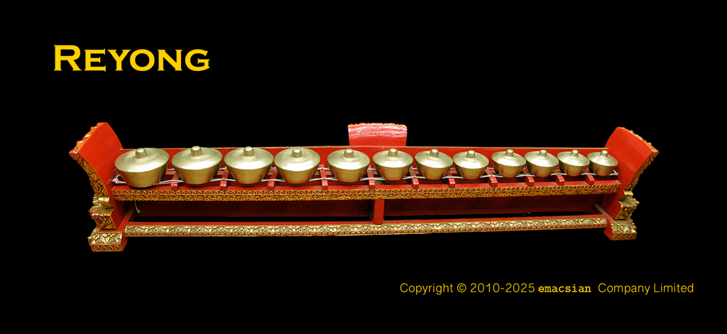 Reyong - Ein traditionelles balinesisches Reyong-Instrument mit zwölf Bronzekesseln auf einem verzierten rot-goldenen Holzrahmen