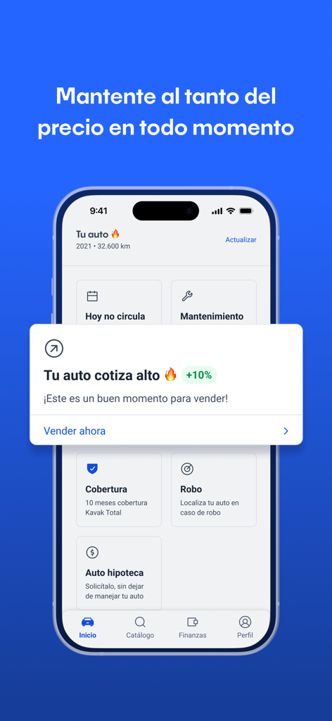 Kavak: Compra y venta de autos - Smartphone displaying the Kavak app with a notification that the car value has increased by ten percent and an option to sell now