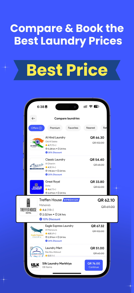 Aldobi: Laundry & Homecare - Aldobiアプリで、価格と評価を比較できるさまざまなランドリーサービスプロバイダーが表示されている画面。