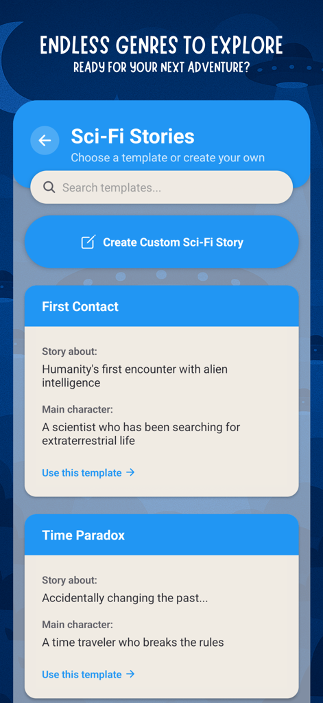 Storytize app interface displaying science fiction story templates and customization options