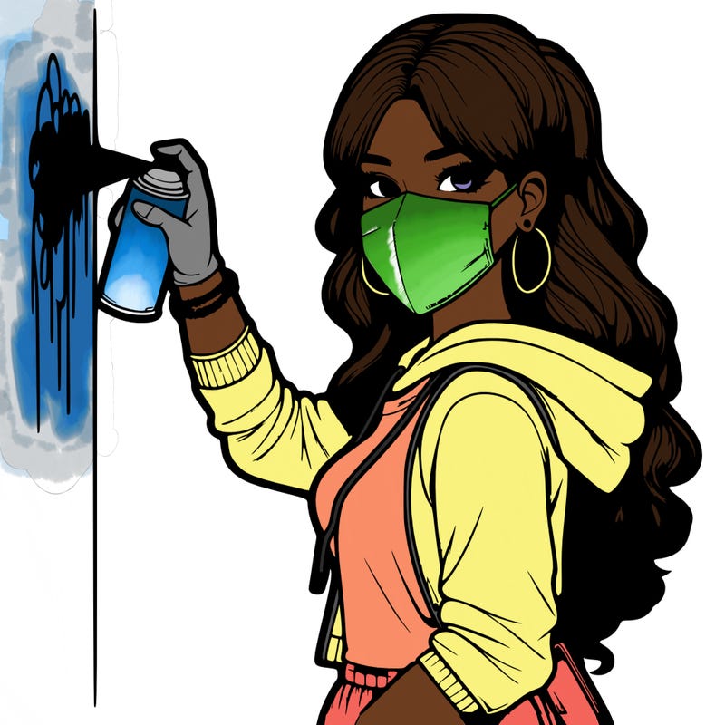 realistic girl with mask spray painting a wall