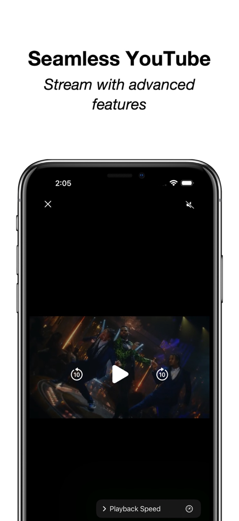 Smartphone screen showing the CarTube app interface with a video player and advanced streaming features