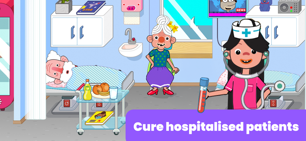 A cartoon nurse character treating a patient in a colorful hospital room