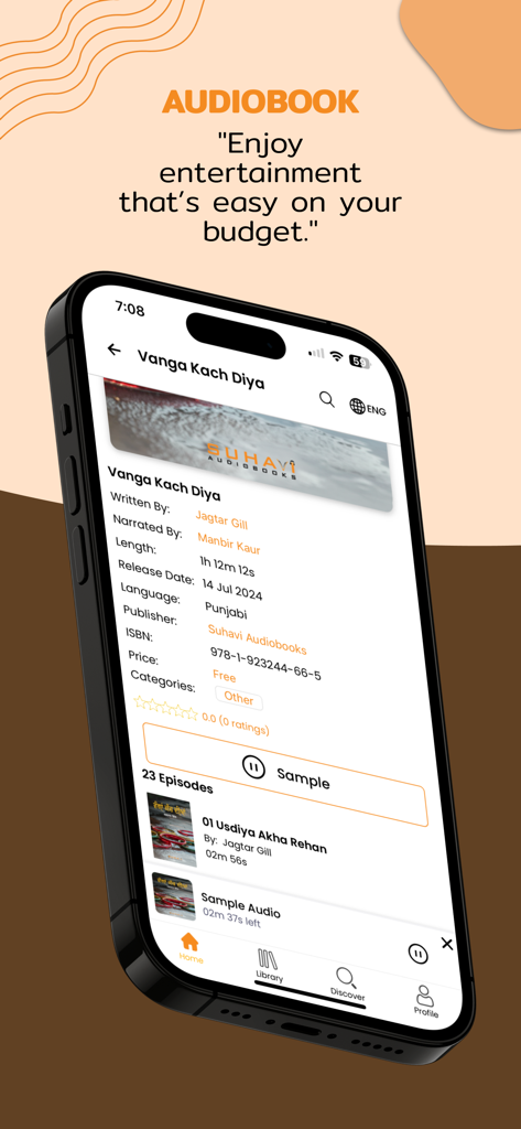 Interface Suhavi pour les livres audio en pendjabi montrant les détails d'un livre audio intitulé Vanga Kach Diya