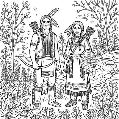 Journey into a vibrant spring scene where brave Indigenous warriors stand amidst nature's awakening. This inspiring coloring page celebrates cultural strength and the beauty of the new season, perfect for thoughtful creative expression.