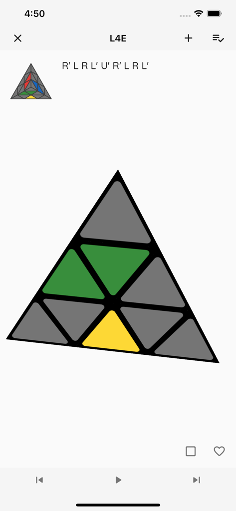 Cube Algorithms X - A visual guide for a Pyraminx L4E algorithm within the Cube Algorithms X mobile application