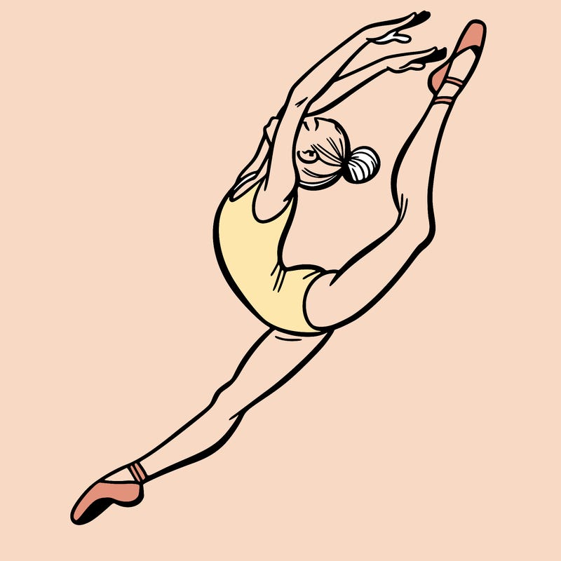 gymnast doing a leap in a leotard with a bent back leg