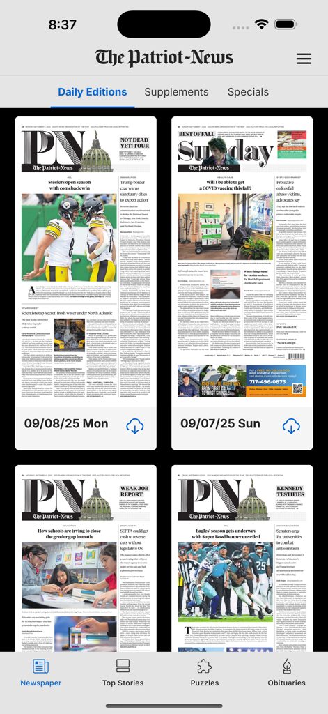 The Patriot-News app screen showing digital replicas of daily newspaper editions.