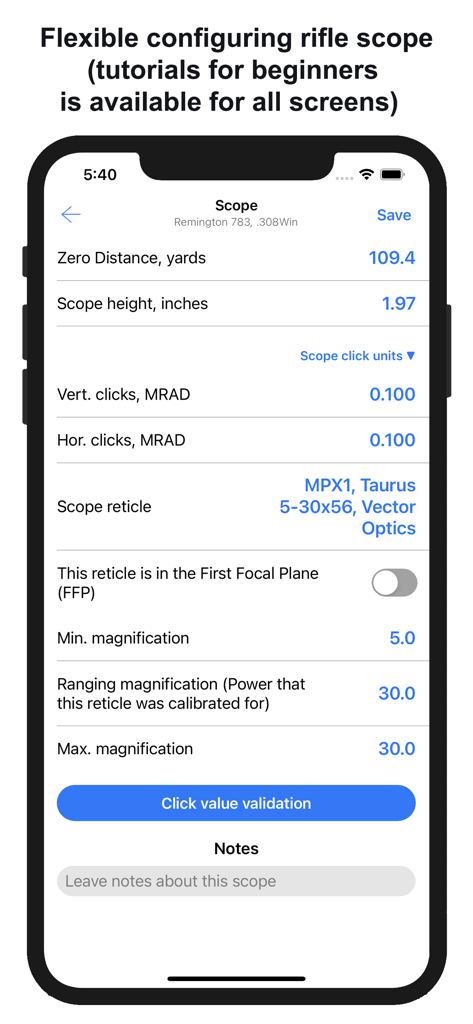 Interface of the Chairgun Elite Ballistic Tool app showing settings for configuring a rifle scope including zero distance and reticle selection