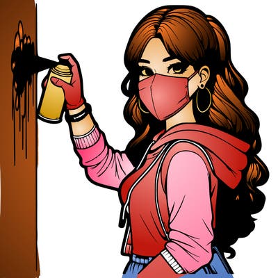 realistic girl with mask spray painting a wall