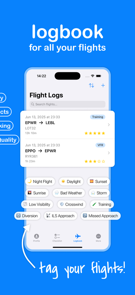 A320 Checklist Pro Assistant flight logbook screen showing flight entries and a searchable tagging system for flight conditions