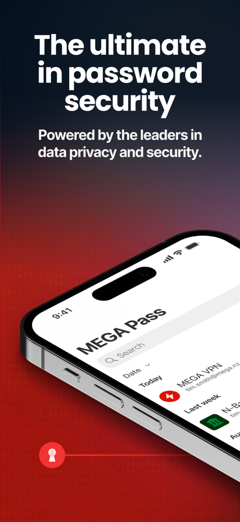 Smartphone screen showing the MEGA Pass app interface with a focus on password security and privacy