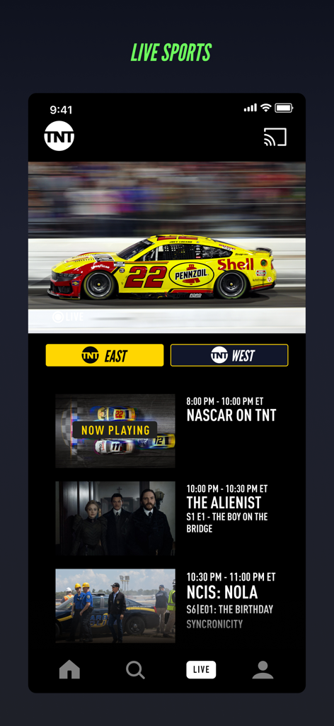 Watch TNT - Die mobile Watch TNT App zeigt eine Live-NASCAR-Rennübertragung und einen TV-Programmplan, einschließlich The Alienist und NCIS NOLA.