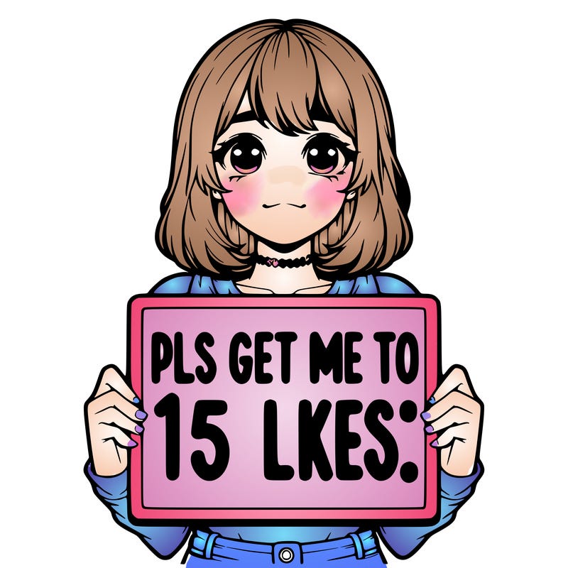 realistic girl holding up a sign that says “pls get me to 15 likes!”