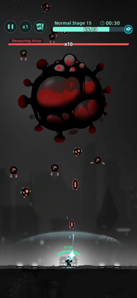 Galaxy Defense: Fortress TD - Jugabilidad de Galaxy Defense Fortress TD mostrando a un héroe defendiéndose del jefe Virus Devorador e invasores alienígenas más pequeños.