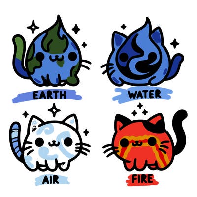 4 cats that represent the different elements, earth, water, air, and fire