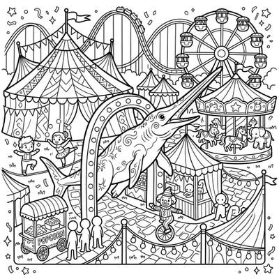 Unleash your creativity with this unique coloring page featuring an ancient Eurhinosaurus enjoying a vibrant carnival. Explore a bustling fairground complete with classic rides, circus tents, and playful characters ready for your artistic touch.