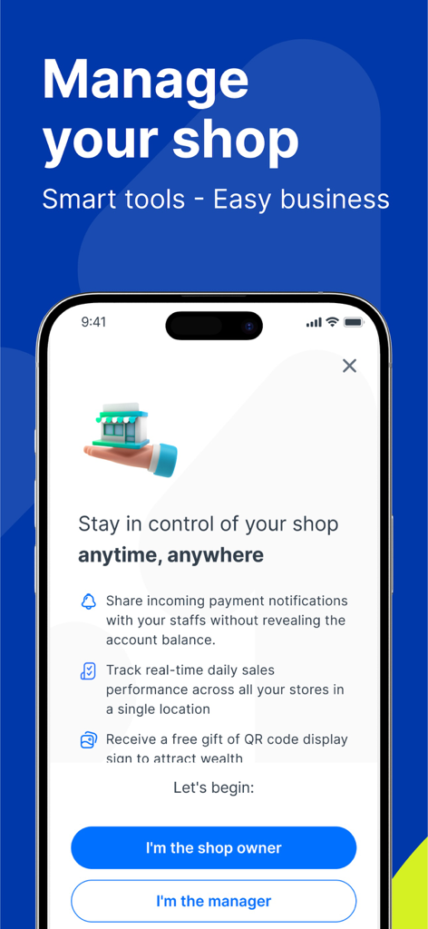 ACB ONE - Interface de gerenciamento de loja do aplicativo ACB ONE mostrando ferramentas de negócios para proprietários e gerentes.