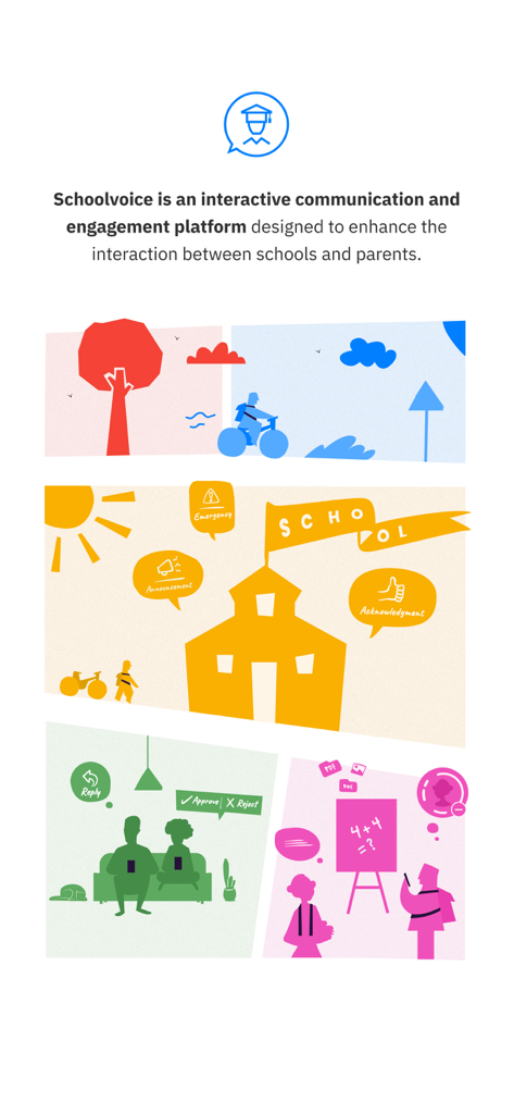 Schoolvoice - Your School App - Infographic showing Schoolvoice features for school and parent interaction including emergency alerts and classroom updates