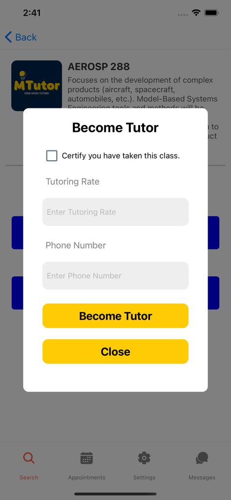 MTutor - Modal de la aplicación MTutor 'Conviértete en Tutor' con campos de entrada para la tarifa de tutoría y el número de teléfono para un curso universitario específico.