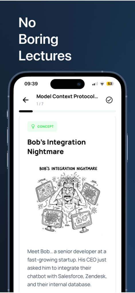 Screenshot der KI in einer Shell-App, der eine interaktive Konzeptkarte mit dem Titel "Bobs Integration Nightmare" mit einem visuellen Diagramm zeigt