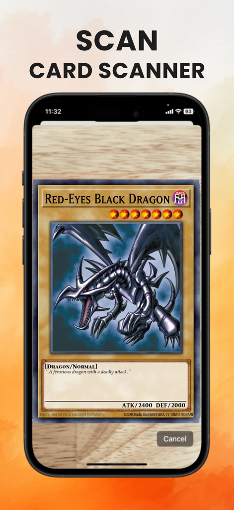 Smartphone camera scanning a Red-Eyes Black Dragon card using the Yu-Gi-Oh card scanner app