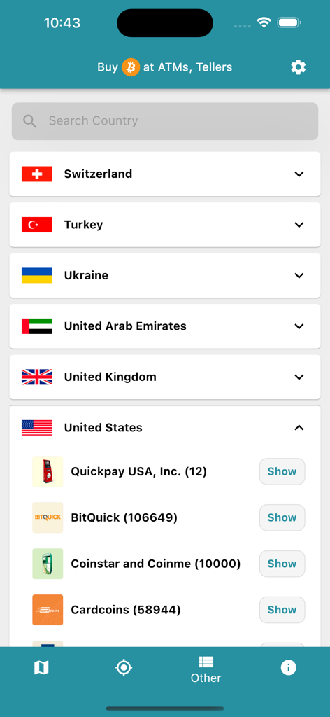 CoinATMRadar app screen displaying a list of cryptocurrency services available in the United States