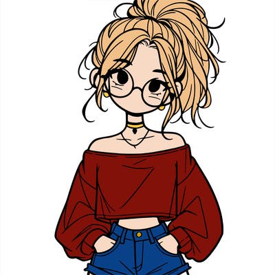 girl with a messy ponytail glasses a baggy crop top and jean shorts