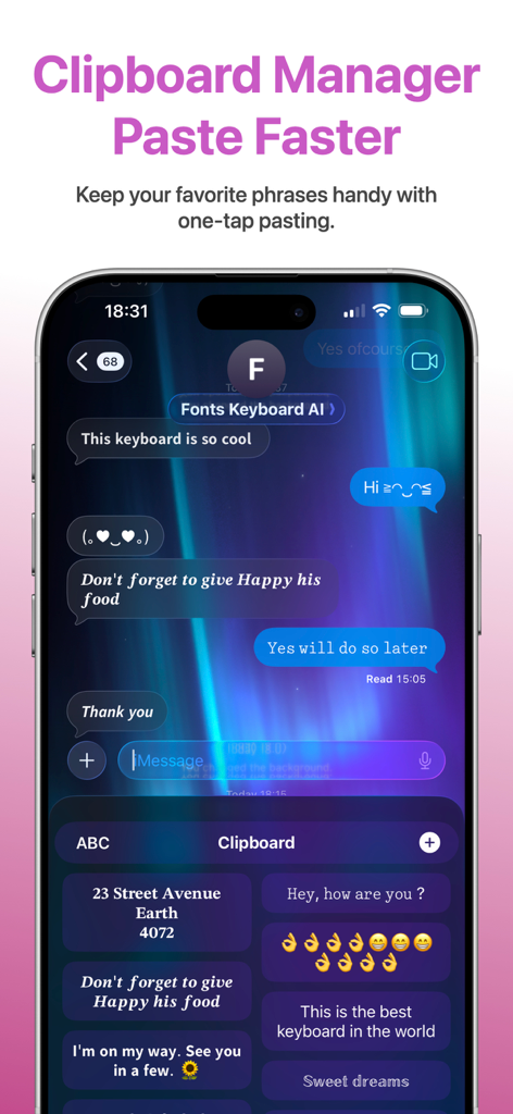 Clipboard manager feature in Fonts Keyboard AI for quick pasting of saved phrases