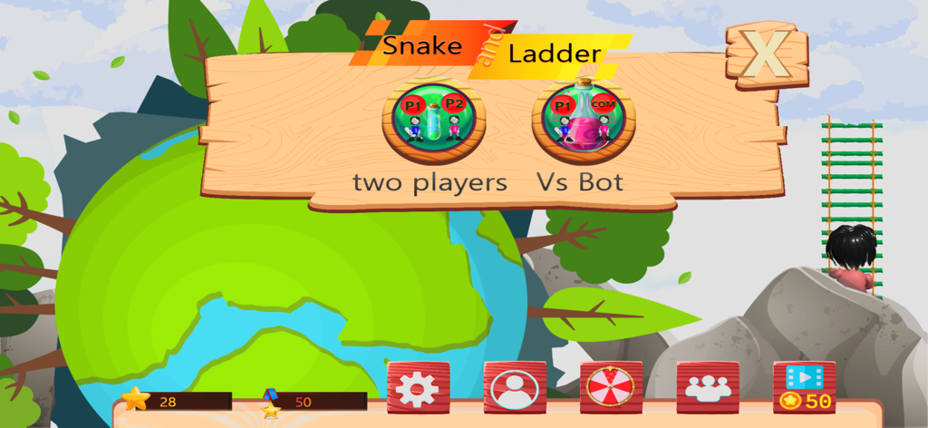 Snake and Ladder Online game menu with two players and vs bot selection on a wooden board