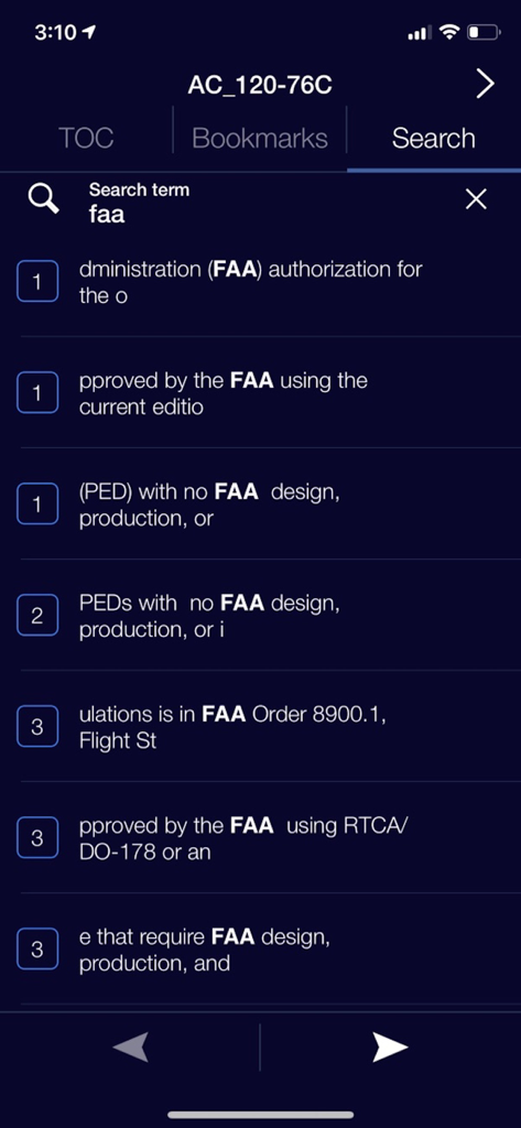 Search results screen in the Aviation Docs app showing document snippets for FAA