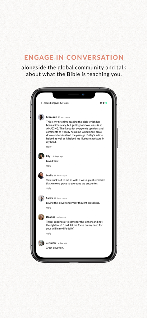 She Reads Truth - A mobile app screenshot showing a community comment section where women share their reflections on Bible devotionals.
