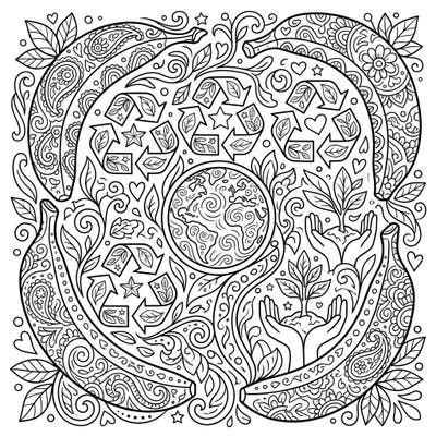 Immerse yourself in mindful coloring with this captivating adult design, blending intricately patterned bananas with powerful Earth Day symbols. Discover a world of detailed recycling motifs, a beautiful globe, and nurturing hands, all waiting for your creative touch.