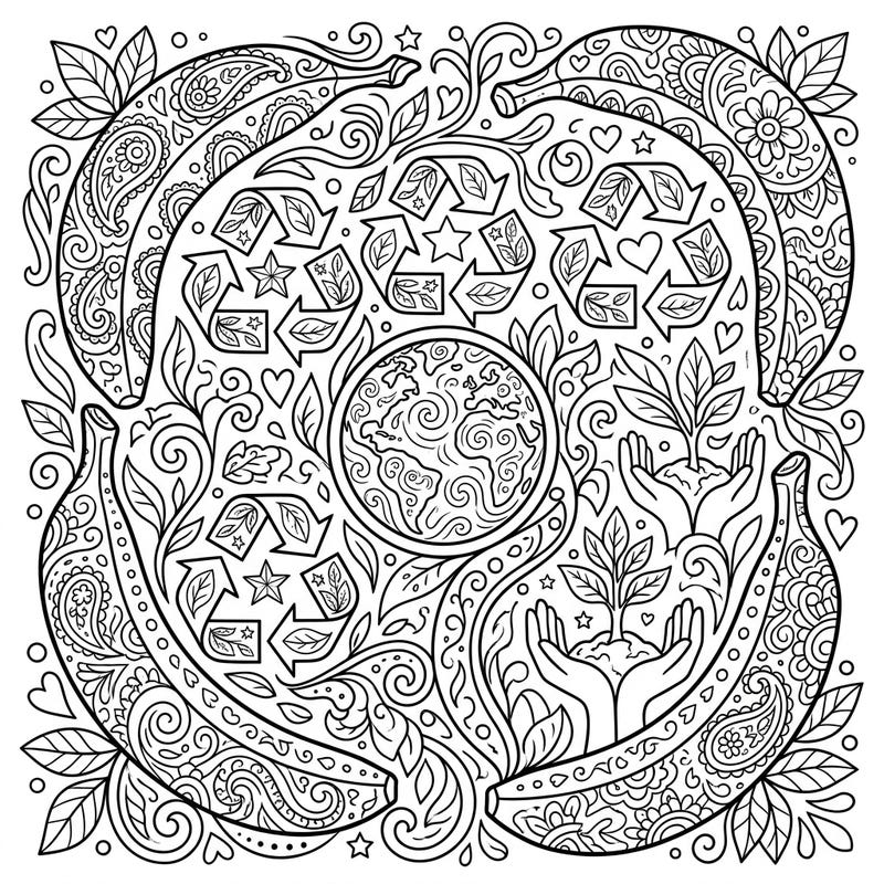 Immerse yourself in mindful coloring with this captivating adult design, blending intricately patterned bananas with powerful Earth Day symbols. Discover a world of detailed recycling motifs, a beautiful globe, and nurturing hands, all waiting for your creative touch.