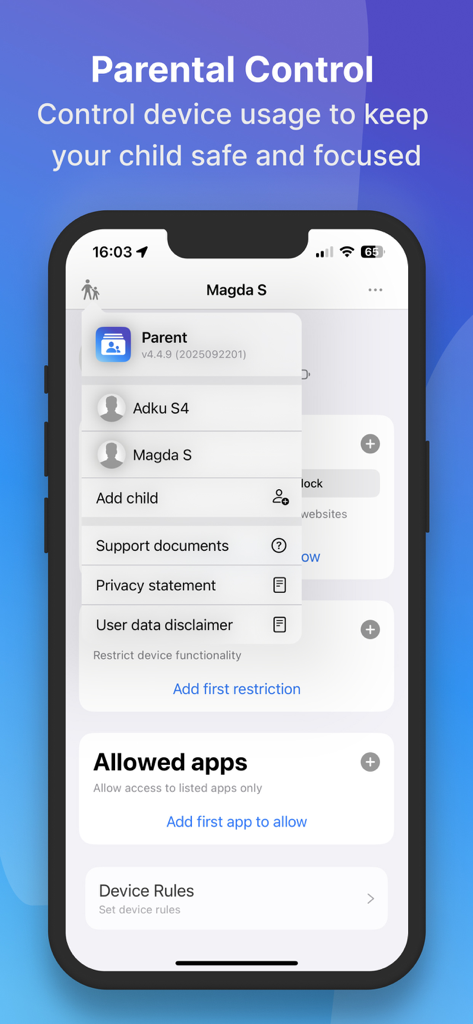 Jamf Parent - Jamf Parent app interface showing child profile management and parental control settings on an iPhone