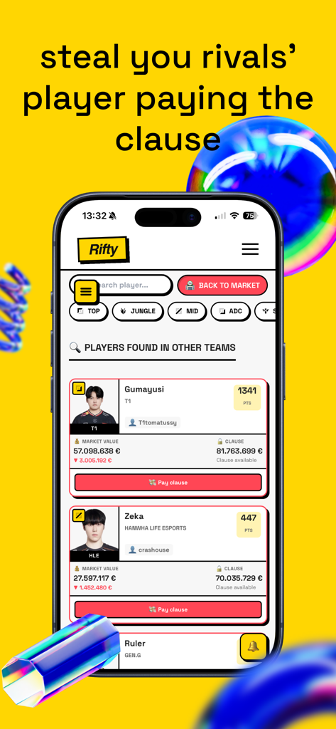 RIFTY - Interface of the Rifty fantasy app showing player market values and buyout clauses