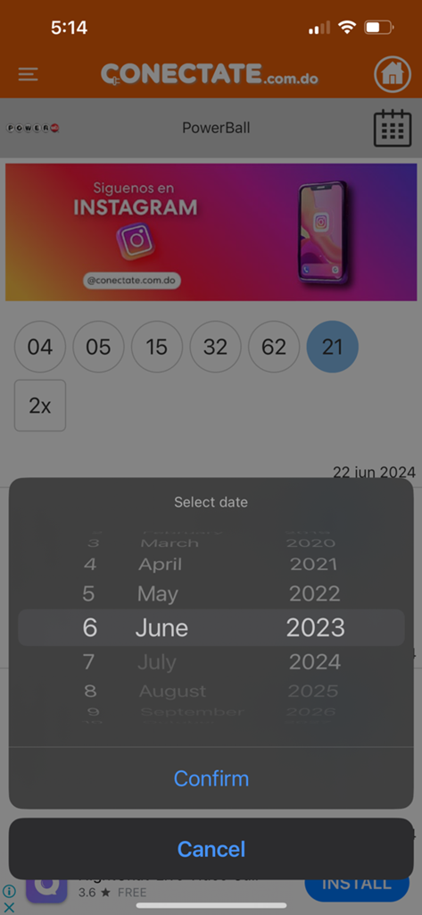 Conectate Loterías - Conectate Loterias app mostrando resultados del Powerball y un selector de fecha para ver números ganadores históricos.