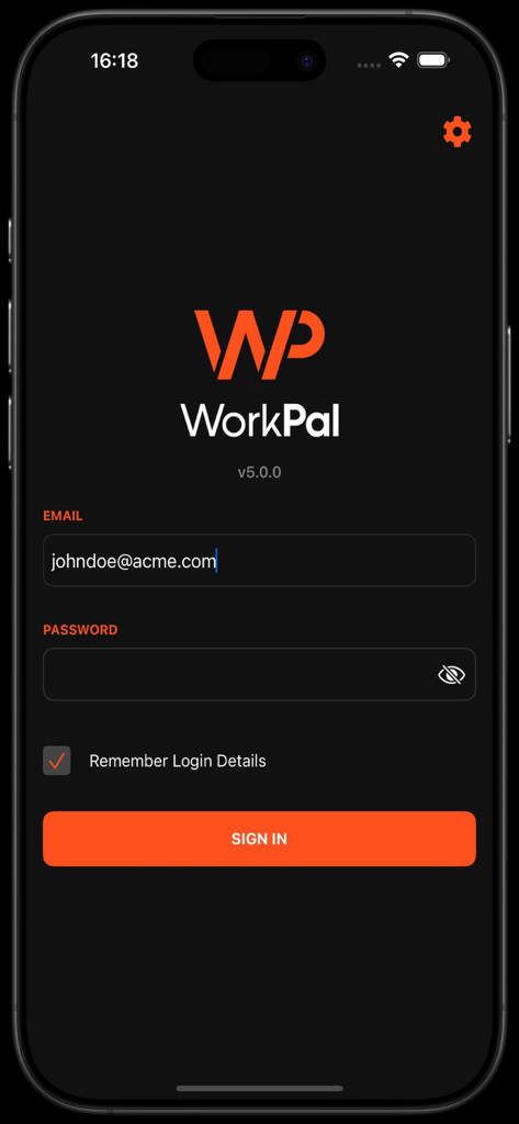 Pantalla de inicio de sesión de la aplicación móvil WorkPal para profesionales de gestión de servicios de campo.
