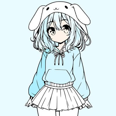 pretty anime girl wearing a fluffy hoodie with bunny ears on the hood and a skirt