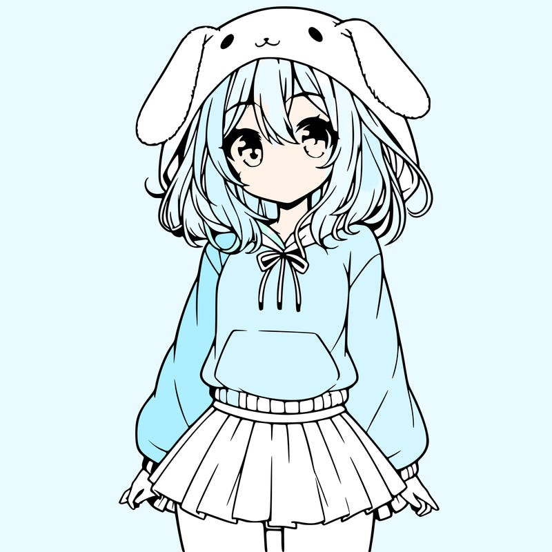 pretty anime girl wearing a fluffy hoodie with bunny ears on the hood and a skirt