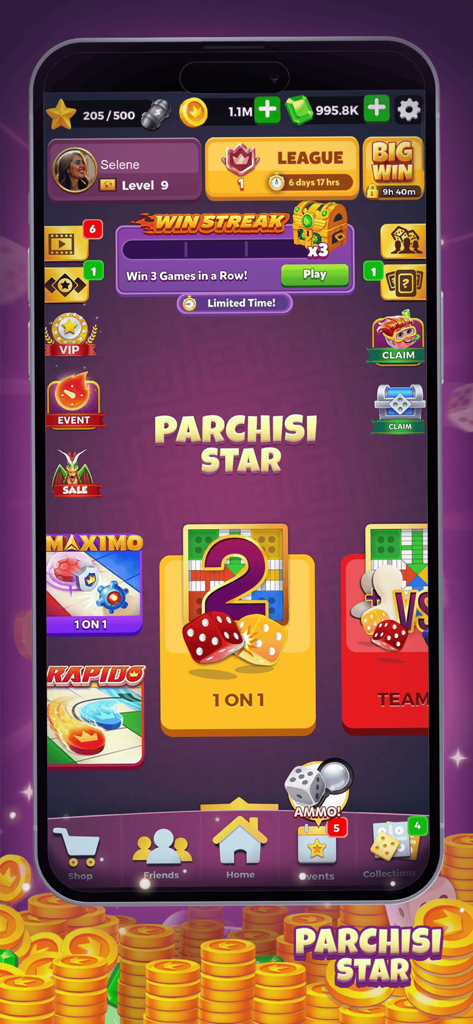 Pantalla del menú principal de la aplicación móvil Parchisi STAR mostrando modos de juego como 1 contra 1 y juego en equipo con perfil de jugador y recompensas